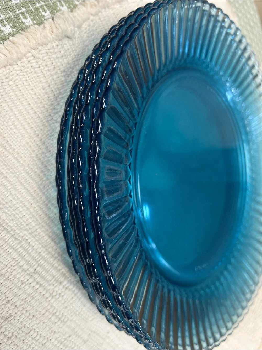 Fortecrista Blue Glass Dinner Plates - Set/4 Ribbed Accent Plates, ea 10” dia.